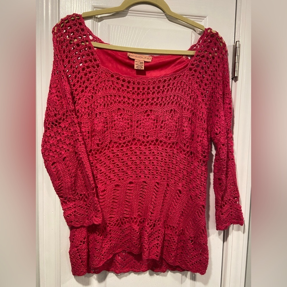 Bandolino Size L Pink Crochet 3/4 Sleeve Ramie Blend Top 3/4 Sleeve Scoop Neck
